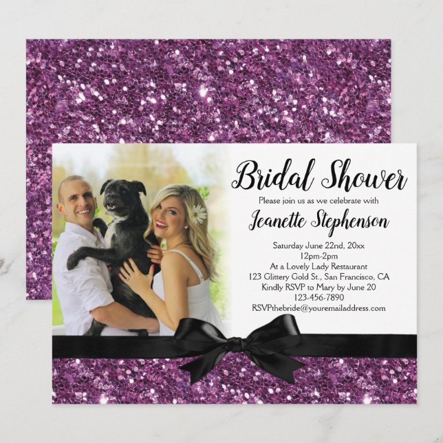 Invitation Parties scintillant violet look ruban Bow Fête des (Devant / Derrière)