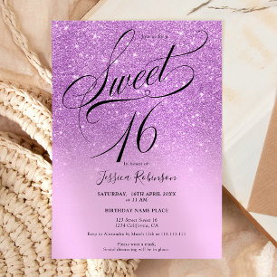 Invitation Parties scintillant violet ombre chic script Sweet