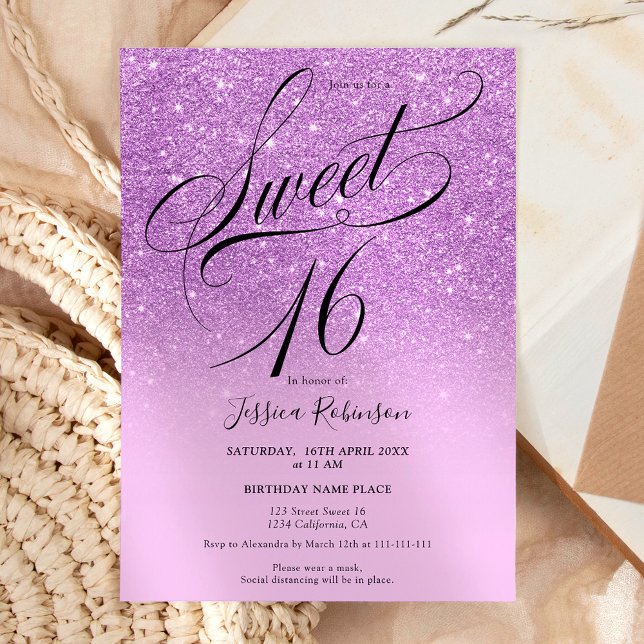 Invitation Parties scintillant violet ombre chic script Sweet (Purple glitter ombre chic script Sweet 16 Invitation)