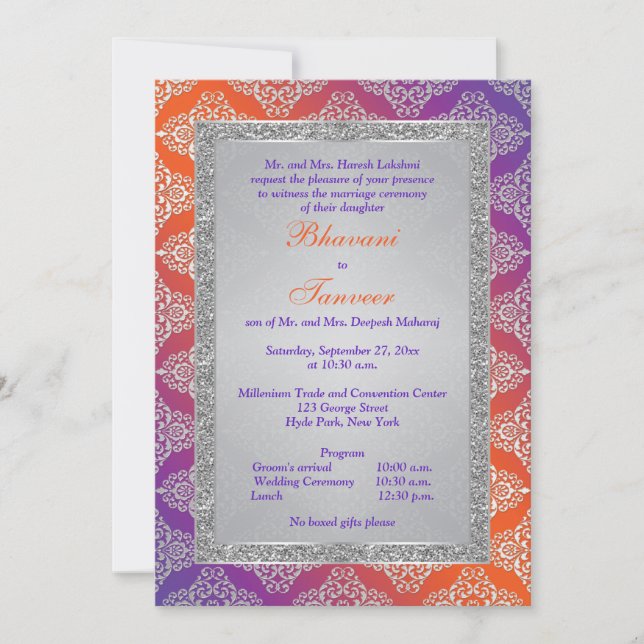 Invitation Parties scintillant violet, orange, argent FAUX In (Devant)