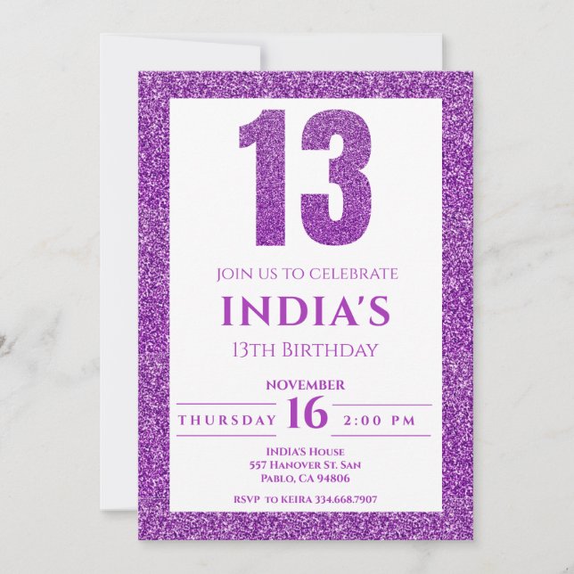 Invitation Parties scintillant violette 13e anniversaire Invi (Devant)