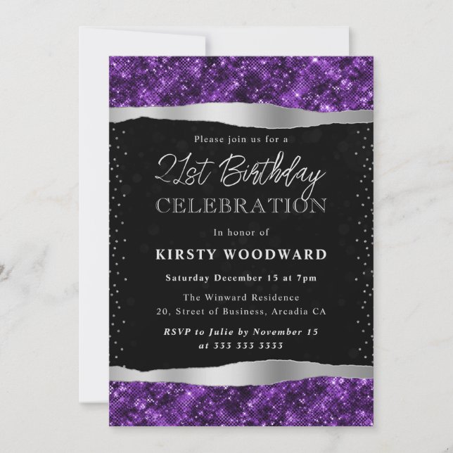 Invitation Parties scintillant violette et noire Shimmer 21e  (Devant)