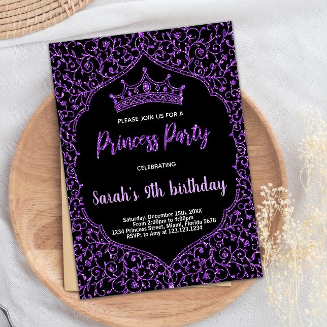 Invitation Parties scintillant violette Princesse blanche Inv (Purple Glitter White Princess Birthday Invitations)