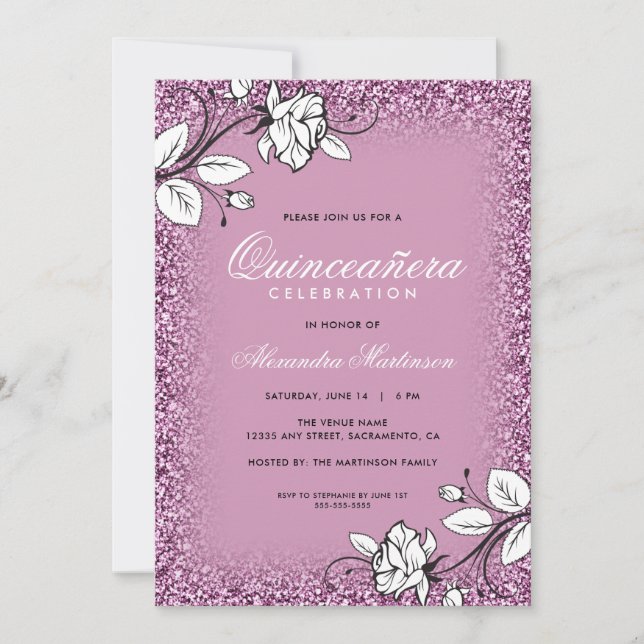 Invitation Parties scintillant violette Quinceanera Roses bla (Devant)