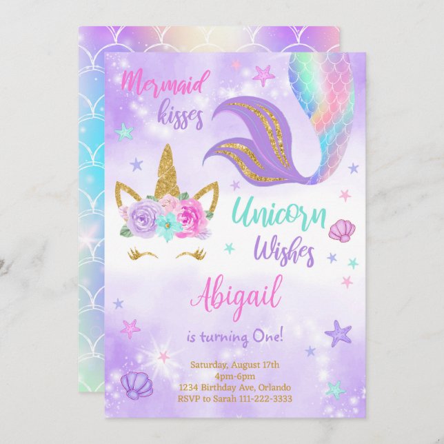 Invitation Parties scintillant violette Unicorn Mermaid Invit (Devant / Derrière)
