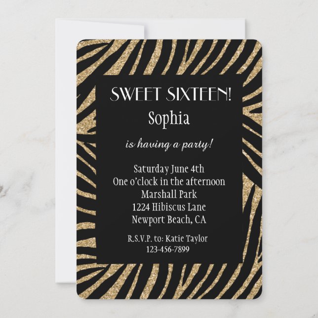 Invitation Parties scintillant Zebra Sweet sixteen noir or (Dos)