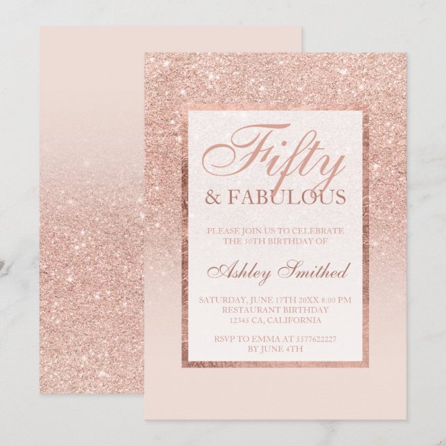 Invitation Parties scintillantes roses 50 chics élégants d'or (Devant / Derrière)