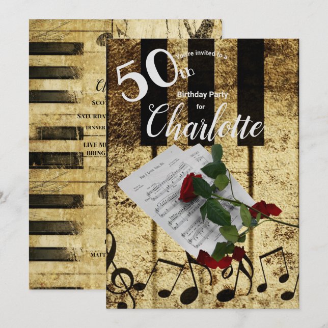 Invitation Partition 50e Anniversaire Piano Keys Partition Ro (Devant / Derrière)