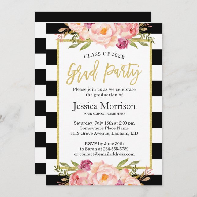 Invitation Partitions Modernes Floral Gold Script Graduation  (Devant / Derrière)