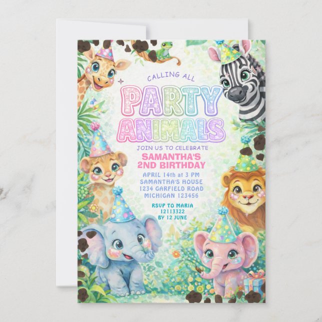 Invitation Party Animals Birthday Colorful Rainbow  (Devant)