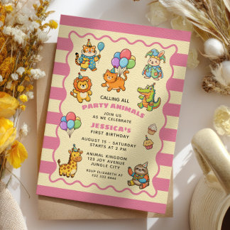 Invitation Party Animals Pink Baby Girl First Birthday Party