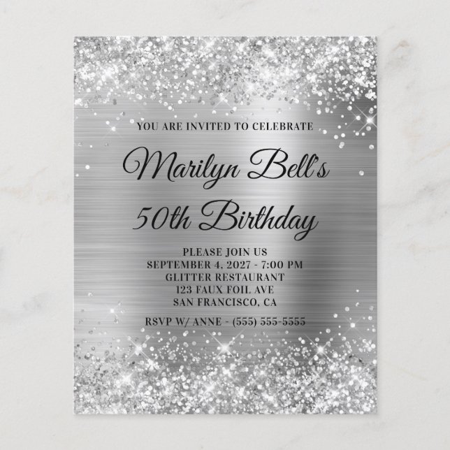 Invitation pas chère 50 ans argent pailleté (Devant)