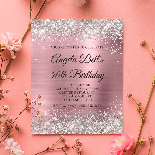 Invitation pas chère argent pailleté rose pour 40  (Budget Silver Glitter Pink 40th Birthday Invite)