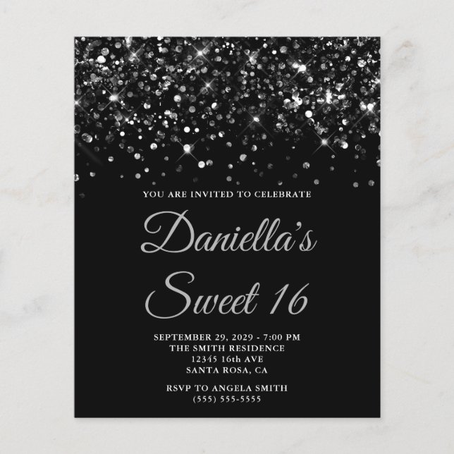 Invitation pas chère glittery noire pour un Sweet  (Devant)
