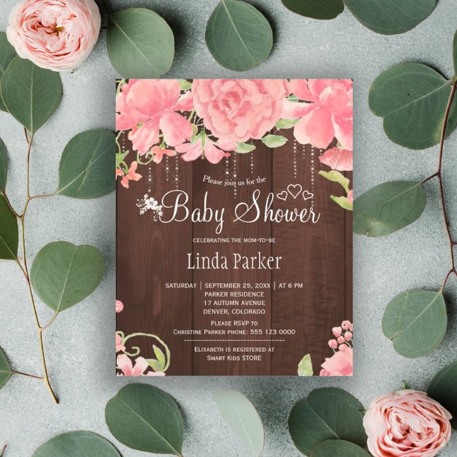 Invitation pas chère pour baby shower en bois fleu (Créateur téléchargé)