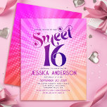 Invitation pas chère pour un Sweet 16 avec un dégr<br><div class="desc">« Joyeux 16e anniversaire ». Envoyez cette invitation de fête personnalisée et économique, rétro et boho, pour un événement inoubliable. Une typographie amusante, tendance et audacieuse rose foncé et violet avec une typographie moderne sans empattement se superpose sur un fond de rayons dégradés orange clair et rose ombré avec des points blancs....</div>