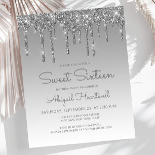 Invitation pas chère Sweet 16 Glitter Drip Argent