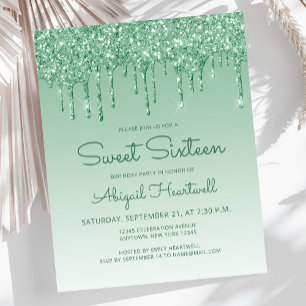 Invitation pas chère Sweet 16 Glitter Drip Verte