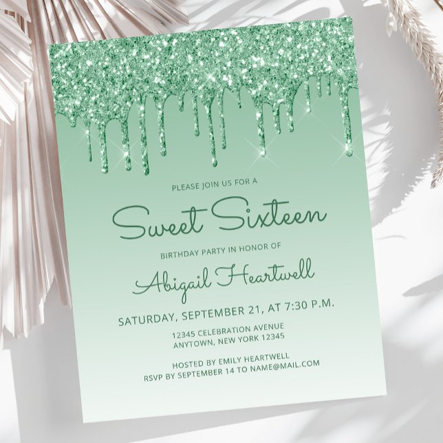 Invitation pas chère Sweet 16 Glitter Drip Verte (Créateur téléchargé)