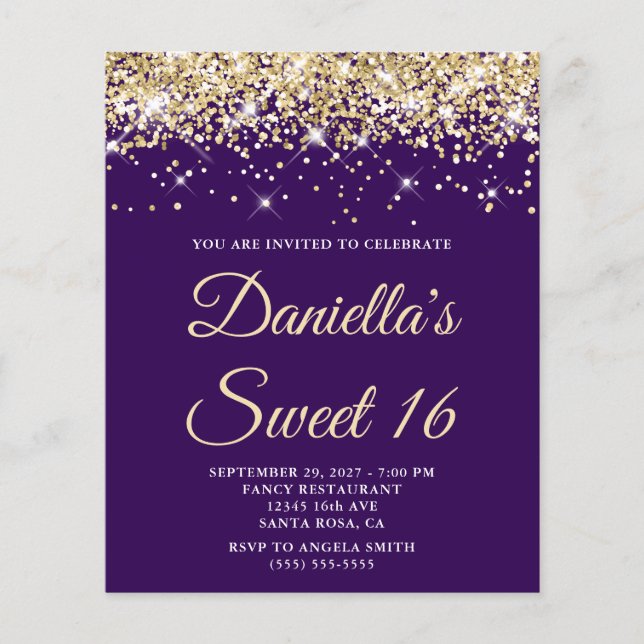 Invitation pas chère Sweet 16 Violet Pailleté Or C (Devant)