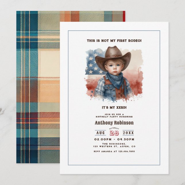 Invitation “Pas Ma Première Rodeo” Anniversaire de Cowboy Occ (Devant / Derrière)