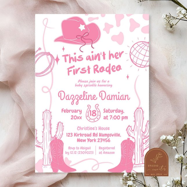 Invitation Pas Son Premier Rodéo Disco Rose Baby Shower (Créateur téléchargé)
