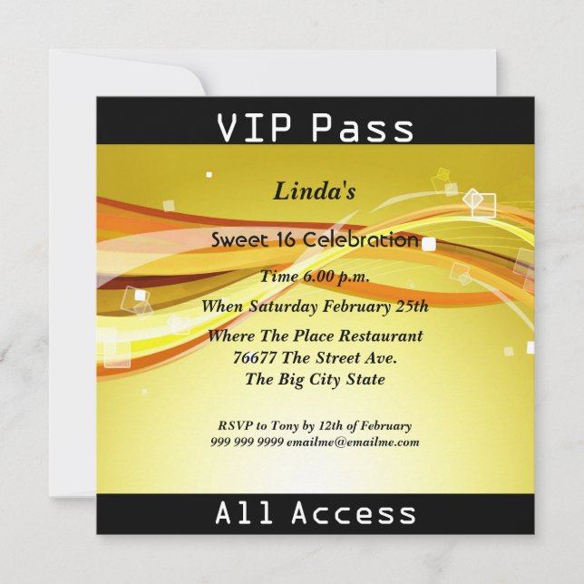 Invitation Pass VIP fête d'anniversaire 16 ans Disco (Devant)