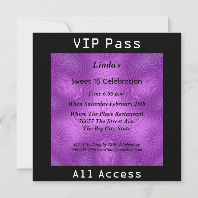 Invitation Pass VIP fête d'anniversaire 16 ans Sweet 16 Viole (Devant)