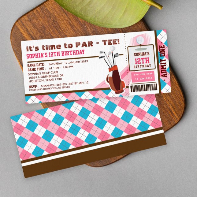 Invitation Passe-billets de golf rose fête d'anniversaire (Créateur téléchargé)