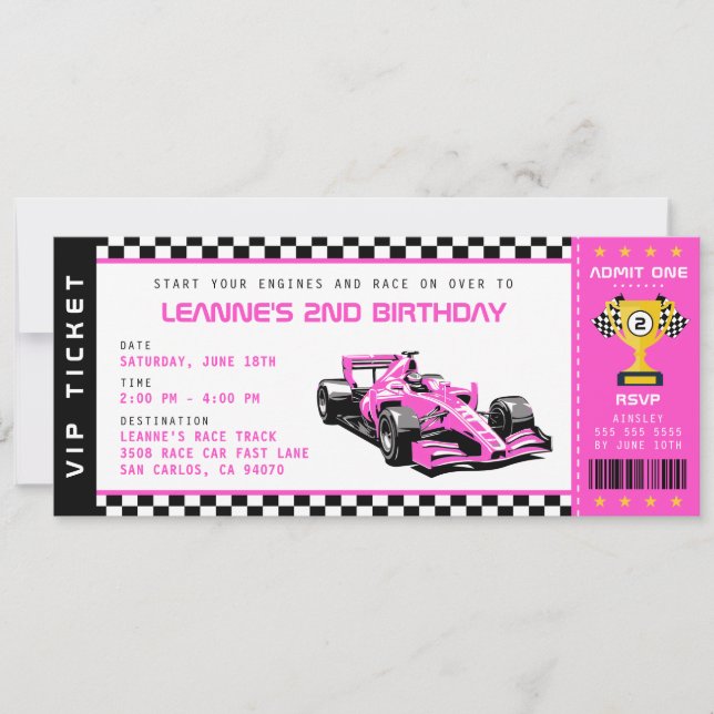 Invitation Passe-billets Pink Race Car Fille Anniversaire (Devant)
