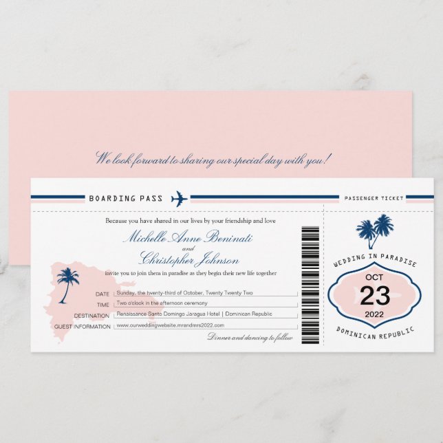 Invitation Passe d'embarquement Mariage Palm Tree en Républiq (Devant / Derrière)