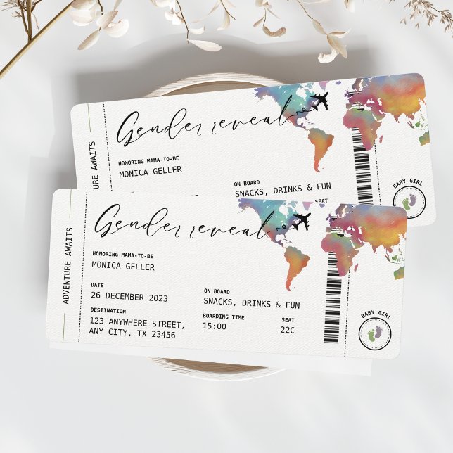 Invitation Passe d'embarquement Sexe Révéler l'aquarelle Voya (Gender Reveal Boarding Pass Watercolor Travel Aesthetic Unique Invitation Boy or Girl)