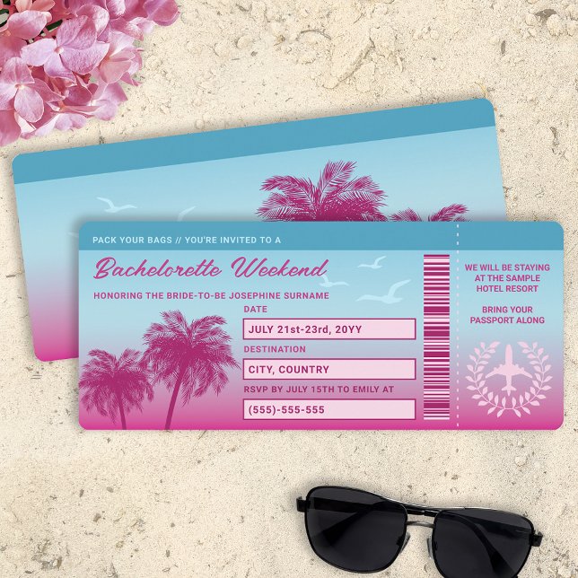 Invitation Passe Pink Blue Tropical Bachelorette Voyage Embar (Créateur téléchargé)
