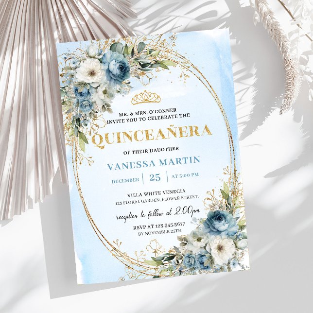 Invitation Passé romantique bleu pastel or eucalyptus Quincea (Romantic Pastel Blue Gold Eucalyptus Quinceañera)