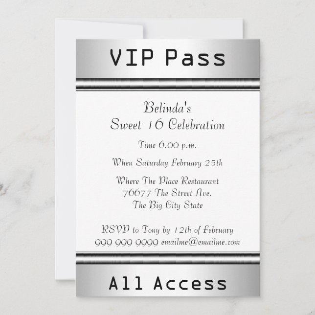 Invitation Passe VIP Fête d'anniversaire Sweet 16 Blanc (Devant)