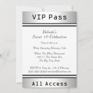 Invitation Passe VIP Fête d'anniversaire Sweet 16 Blanc