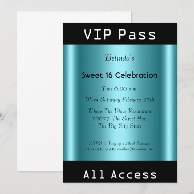 Invitation Passe VIP Fête d'anniversaire Sweet 16 Noir Turquo (Devant / Derrière)