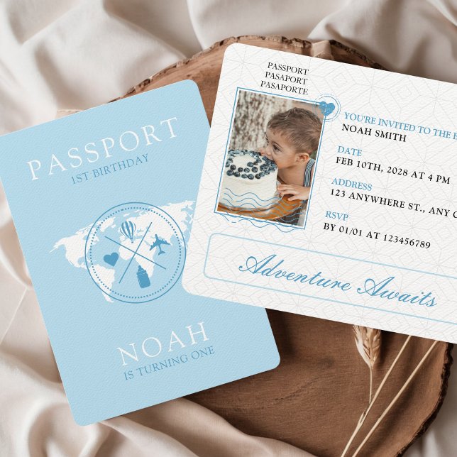 Invitation Passeport Aventure Commence Blue Boy 1er anniversa (Passport 1st Birthday Adventure Awaits Blue Boy Photo Travel Airplane How time Flies Up Up & Away)