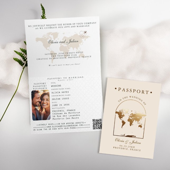 Invitation Passeport Boho Arch Beige Ecru Destination Mariage (passport wedding invitation card destination getaway beige ecru faux gold map boho arch monograms)
