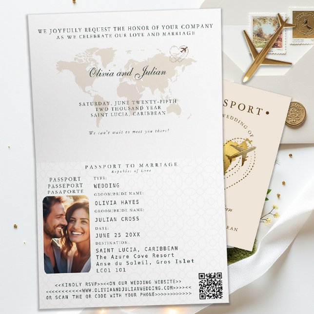 Invitation Passeport Caraïbes Sainte-Lucie Destination Mariag (passport wedding invitation destination saint lucia carribean elegant calligraphy rsvp qr)