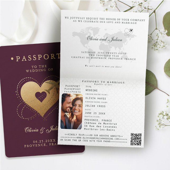 Invitation Passeport Cœurs Avion Bourgogne Mariage Destinatio (passport wedding invitation card destination getaway burgundy red faux gold hearts airplane monogram)