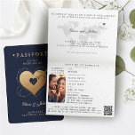 Invitation Passeport Cœurs Avion Marine Mariage de Destinatio<br><div class="desc">Célébrez votre histoire d'amour avec cette carte d'invitation pliée pour mariage à destination "Passport Navy Faux Gold Hearts", conçue pour le couple moderne qui planifie un mariage inoubliable à l'étranger. Avec un fond bleu marine et des accents de cœurs en faux or étincelants ainsi qu'un avion avec un ruban formant...</div>