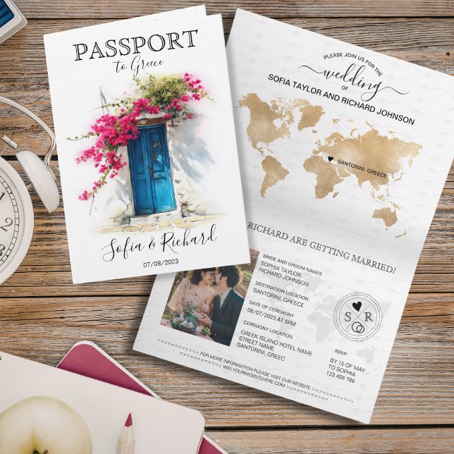 Invitation Passeport de destination de mariage Santorin Grèce (Wedding Destination Passport Santorini Greece Invitation)