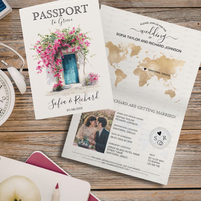 Invitation Passeport de destination de mariage Santorin Grèce (Wedding Destination Passport Santorini Greece Invitation)