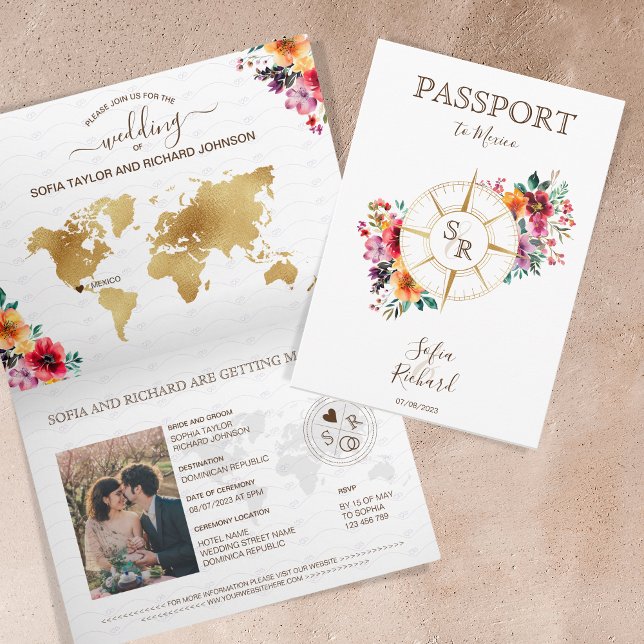 Invitation Passeport de destination Floral d'été (passport wedding invitation with compass and flowers)