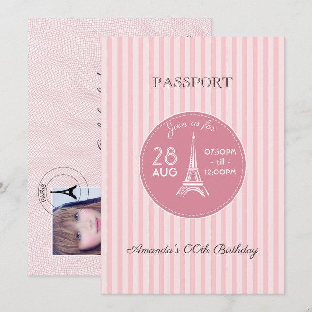 Invitation Passeport de fête d'anniversaire sur le thème de P (Devant / Derrière)