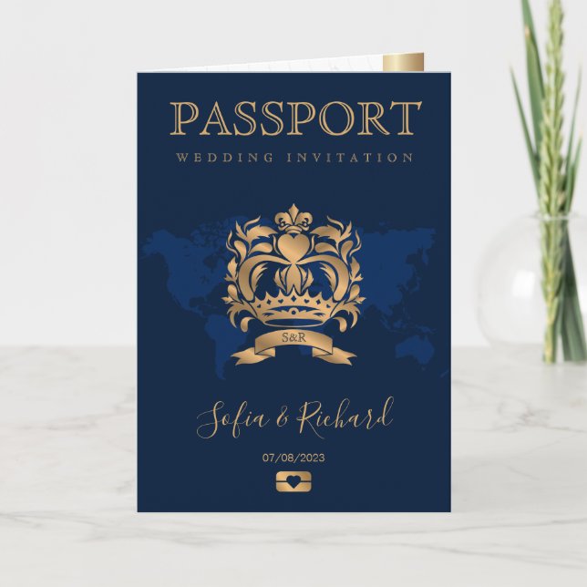 Invitation Passeport Destination Mariage Faux Gold Crest Ital (Devant)