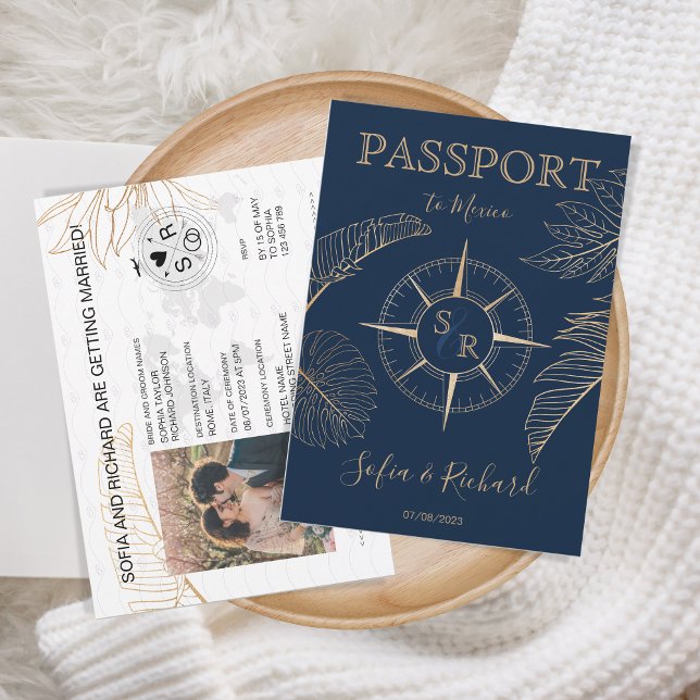 Invitation Passeport Destination Mariage Palm Compass Monogra (passport compass monogram palm leaf)