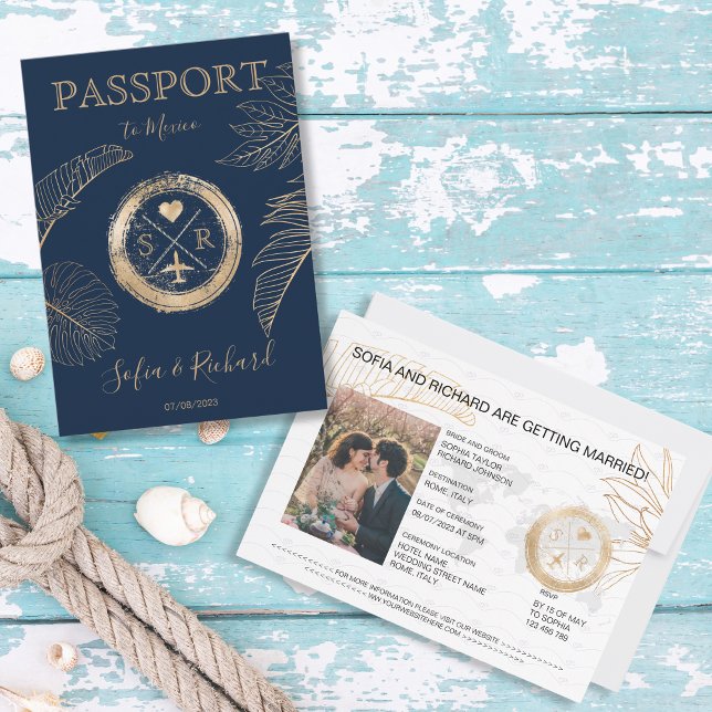 Invitation Passeport Destination Mariage Palm Plane Monogramm (passport navy blue with gold stamp and palm leaves)