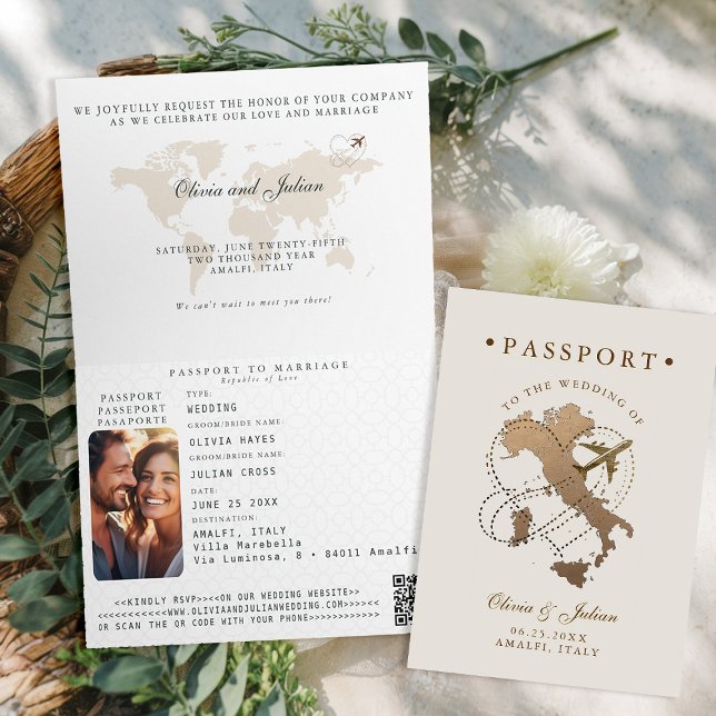 Invitation Passeport Faux Or Beige Italie Mariage de Rêve (passport wedding invitation card destination getaway beige ecru faux gold map italy amalfi monograms)